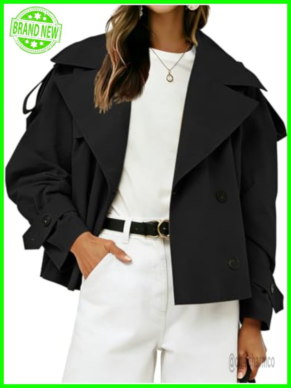 Cropped Trench Coat with Belt - Double Breasted Women's Jacket